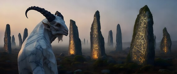 A mythical marble goat creature by glowing ancient monoliths