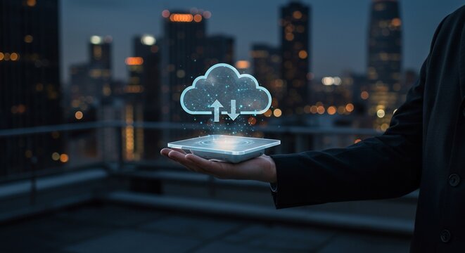 Cloud Computing Data Transfer Over Cityscape at Night