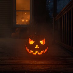 Glowing Jack-o’-Lantern Pumpkin on Wooden Porch at Night with Candlelight and Autumn Leaves