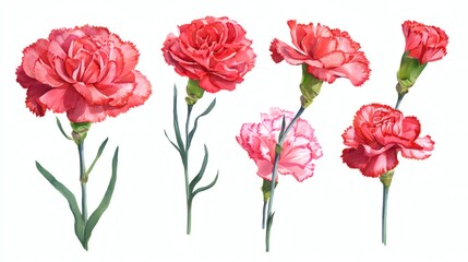 Naklejka premium A collection of pink and red carnation flowers with green stems and leaves, showcasing different angles and arrangements