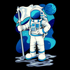 An astronaut holding a flag