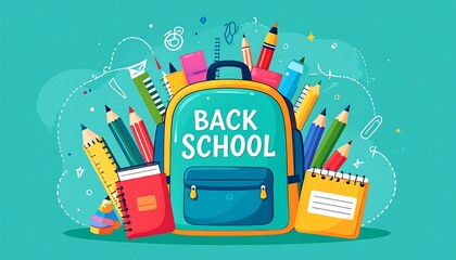 Colorful school backpack filled with supplies