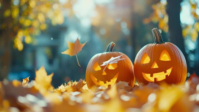 Two carved pumpkins in an autumn garden, orange leaves falling. Halloween footage in 4K, video animation.