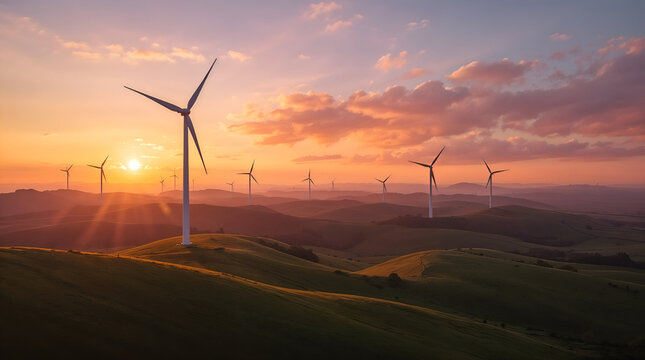 Wind Turbines on Green Hills at Sunset - Powered by Adobe