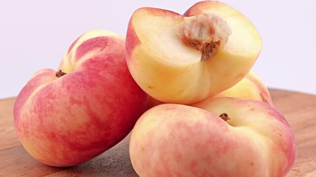 Chinese flat donut peach fruit. Zoom out.