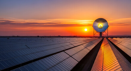 Vast Solar Farm Under Sunset Sky With Futuristic Energy Tower Symbolizing Clean Power Generation