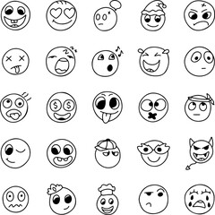 Hand drawn emoji doodle set, cartoon emoticons, funny smiley faces, black and white line art expressions, cute character emotions, sketch icons collection, vector illustration pack