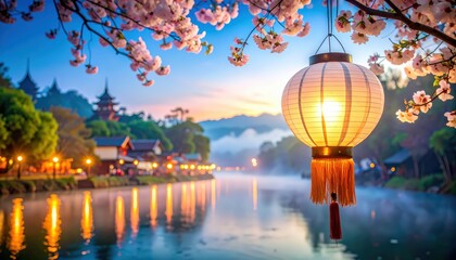 Obraz premium Glowing paper lantern hangs among cherry blossoms over a calm lakeside at dusk, with pagodas and reflections lighting the water - a serene, colorful Asian riverside scene.