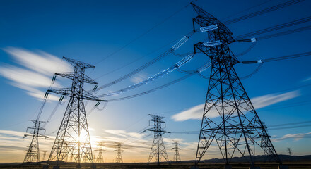 Majestic Power Transmission Towers Against a Vivid Sunset Sky Showcasing Clean Energy Infrastructure