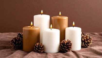 Lit white and brown pillar candles arranged with pine cones on soft brown fabric, creating a warm, rustic centerpiece.