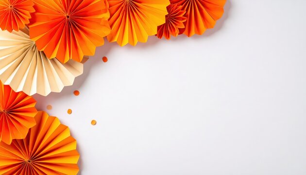 Orange and cream paper rosettes and confetti on a white background, creating a decorative party backdrop - Powered by Adobe