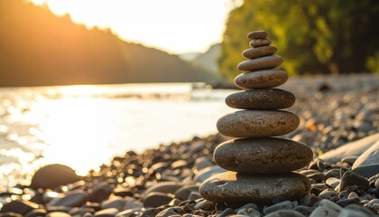 Stacked smooth stones on a pebble shoreline by a river at golden-hour sunset, bathed in warm light and evoking balance and tranquility.