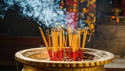 A brass brazier in a temple holding many lit incense sticks, sending curling wisps of smoke during a devotional ritual.