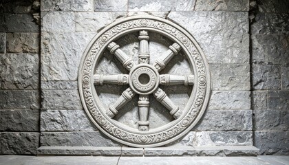 Stone-carved Dharmachakra wheel relief set into a textured stone wall, an ornate circular Buddhist symbol in bas-relief.