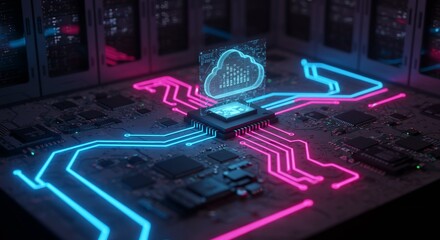 Neon Circuit Board with Holographic Cloud Computing Icon