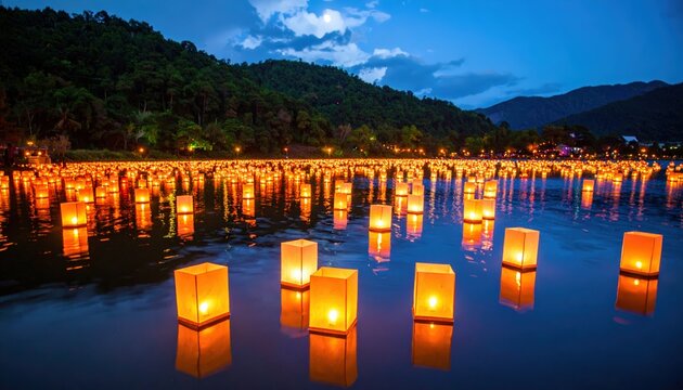 Floating illuminated paper lanterns drift across a calm lake at dusk, their golden lights reflecting on the water with forested hills and mountains beyond.