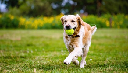 Golden Retriever running on grass with a tennis ball in its mouth, happily playing outdoors in a park.