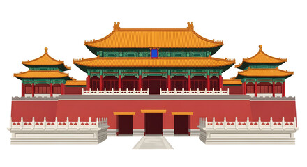 Obraz premium Grand entrance gate of an ancient Asian dynasty temple. Ornate, traditional Chinese imperial architecture vector on a white background