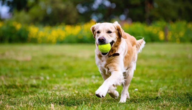Golden Retriever running on grass with a tennis ball in its mouth, happily playing outdoors in a park.