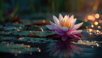 Pink lotus flower in pond at sunset, serene beauty