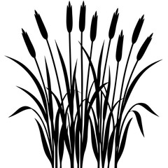 Black and white silhouette of cattails and reeds growing in a marsh environment.