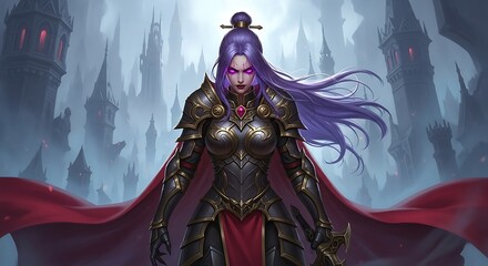 Powerful Female Warrior in Dark Armor and Red Cloak.