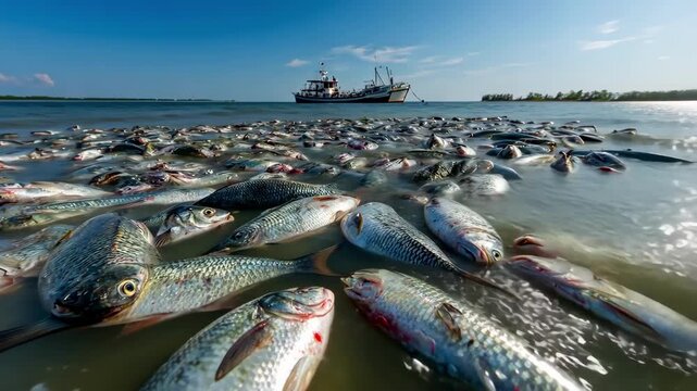 Mass fish kill on a beach with a fishing boat in the background, environmental disaster.