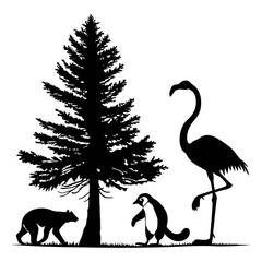 bundle of  sllhouettes pine tree penguin flamingo lemur solidblack fill not text unit,white background.optimizod foreasy tracing and vector conversion