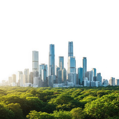 Fototapeta premium Modern cityscape skyline with lush green landscape below isolated on transparent background
