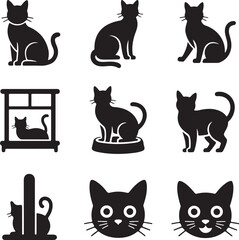 Diverse Black Cat Silhouettes Vector Icons Collection
