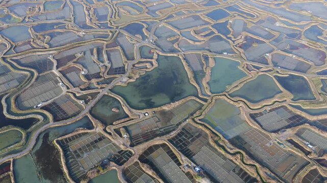Aerial view of the salt fields of Guerande France at sunset