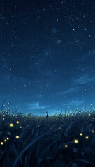 Minimalist anime quiet meadow glowing fireflies drifting under starry midnight sky