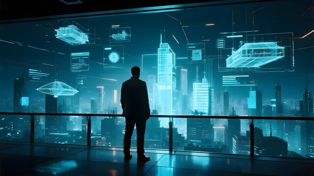 A person stands on a balcony overlooking a futuristic cityscape with holographic elements and illuminated skyscrapers.