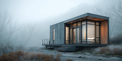 Modern minimalist tiny house, clean lines, large windows