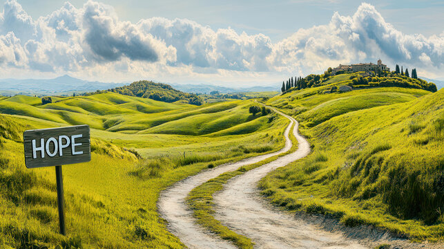 Footpath in summer meadow, wooden sign reading Hope