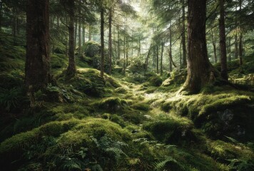 Obraz premium Serene lush green forest with towering trees, dense moss-covered ground, and dappled sunlight filtering through the canopy