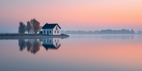 Fototapeta premium Small lakehouse, calm water reflection, sunrise light, misty atmosphere