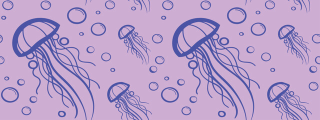 Seamless ocean pattern with jellyfish outline and bubbles on soft background. Marine underwater illustration for fabric, wallpaper, and design. Decorative aquatic sea life motif art. © Sk