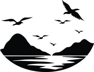 seaside with flying birds and calm water surface-s