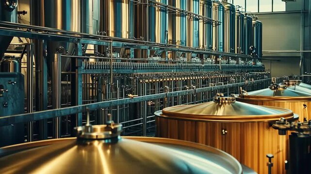 Brewery interior with large wooden fermentation tanks and stainless steel piping.