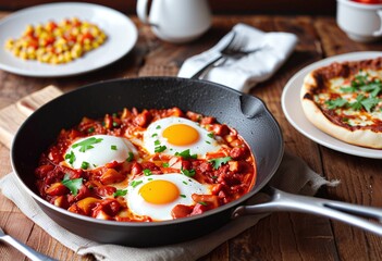 Fototapeta premium Portrait of a shakshuka in a frying pan on a rustic breakfast table with copy space