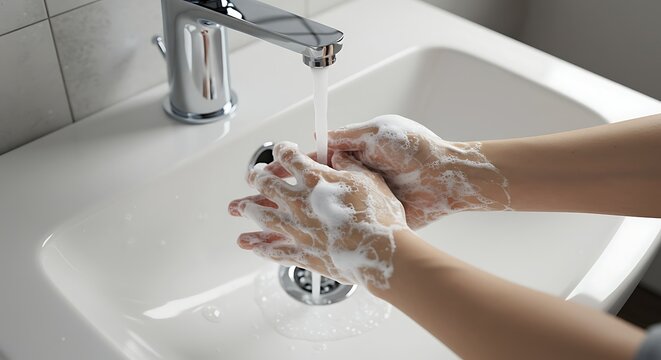 Thorough handwashing with foaming soap under running water in a clean, modern bathroom sink for hygiene - Powered by Adobe