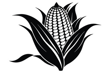 Elegant Black and White Corn Cob Illustration Surrounded by Silhouetted Leaves Design