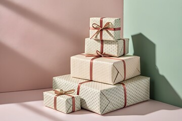 Elegant stack of wrapped gifts with ribbons for holidays or special occasions celebration design