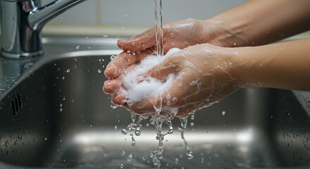 Fototapeta premium Washing hands with soap under running water in a clean sink for health and hygiene during flu season