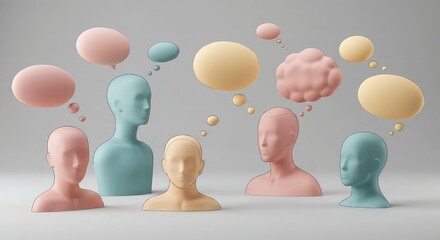 Abstract thought bubble icons floating above minimal human silhouettes on a neutral background, symbolizing creative brainstorming, thinking, and innovation