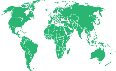 Flat green world map silhouette on transparent background, ideal for educational, environmental, and global awareness themes. High-quality vector for infographics, posters, or presentations.	