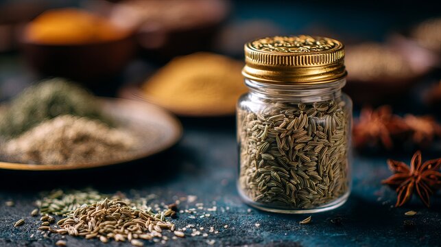 A jar of aromatic fennel seeds surrounded by an array of colorful spices and herbs, creating a rich culinary scene.