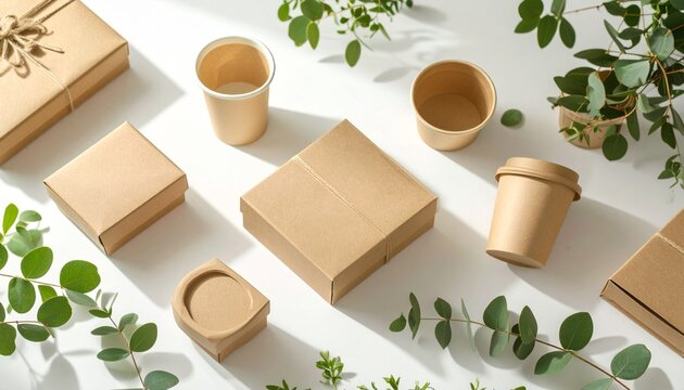 Eco-friendly packaging and containers are arranged with green leaves, showcasing sustainable practices.