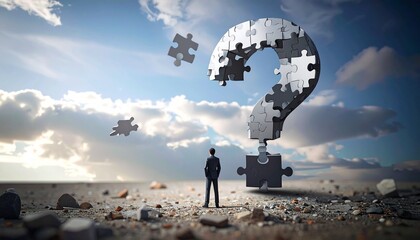 A person looking at a giant question mark made of puzzle pieces.